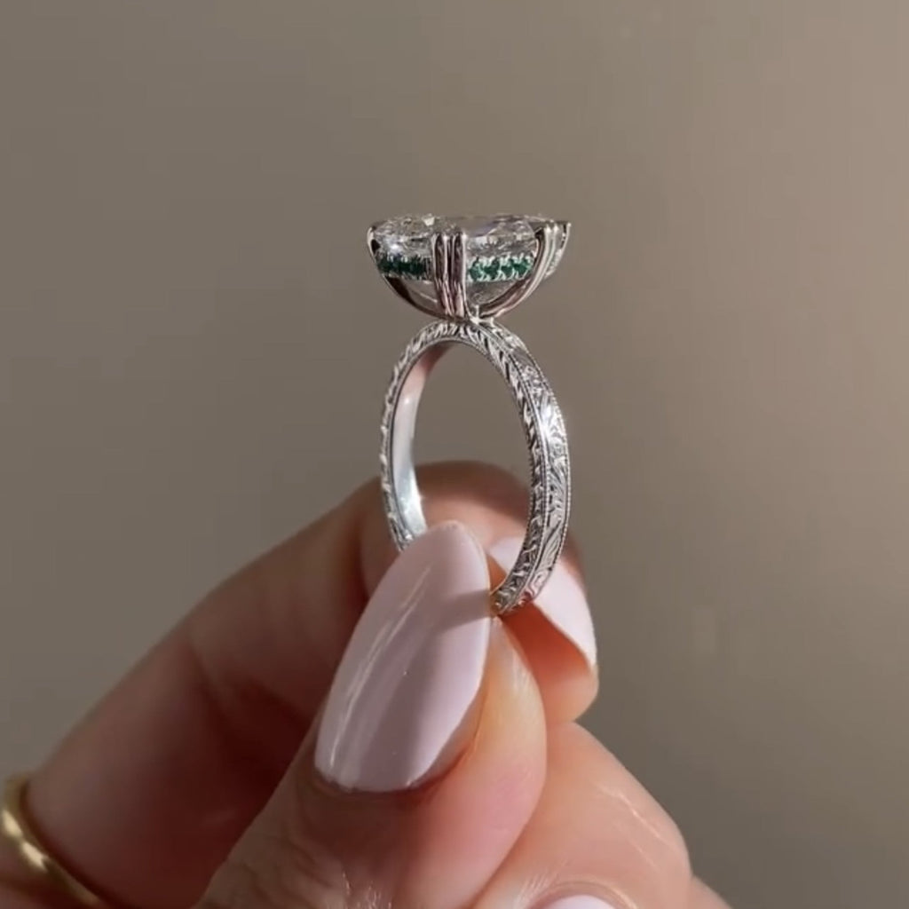 Double Claw Prong Pear Lab Grown Engagement Ring Hidden Halo Gold Wedding Engraved Band Ring