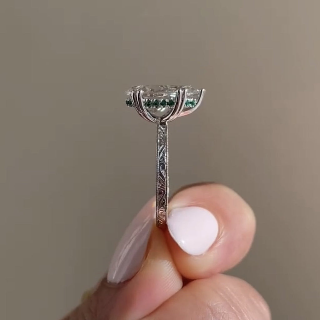 Double Claw Prong Pear Lab Grown Engagement Ring Hidden Halo Gold Wedding Engraved Band Ring