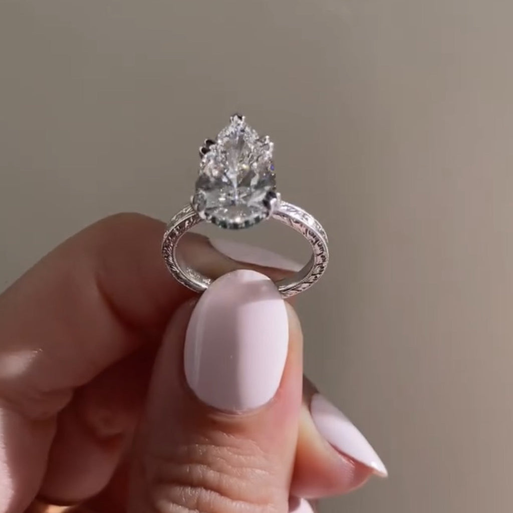 Double Claw Prong Pear Lab Grown Engagement Ring Hidden Halo Gold Wedding Engraved Band Ring