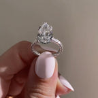 Double Claw Prong Pear Lab Grown Engagement Ring Hidden Halo Gold Wedding Engraved Band Ring