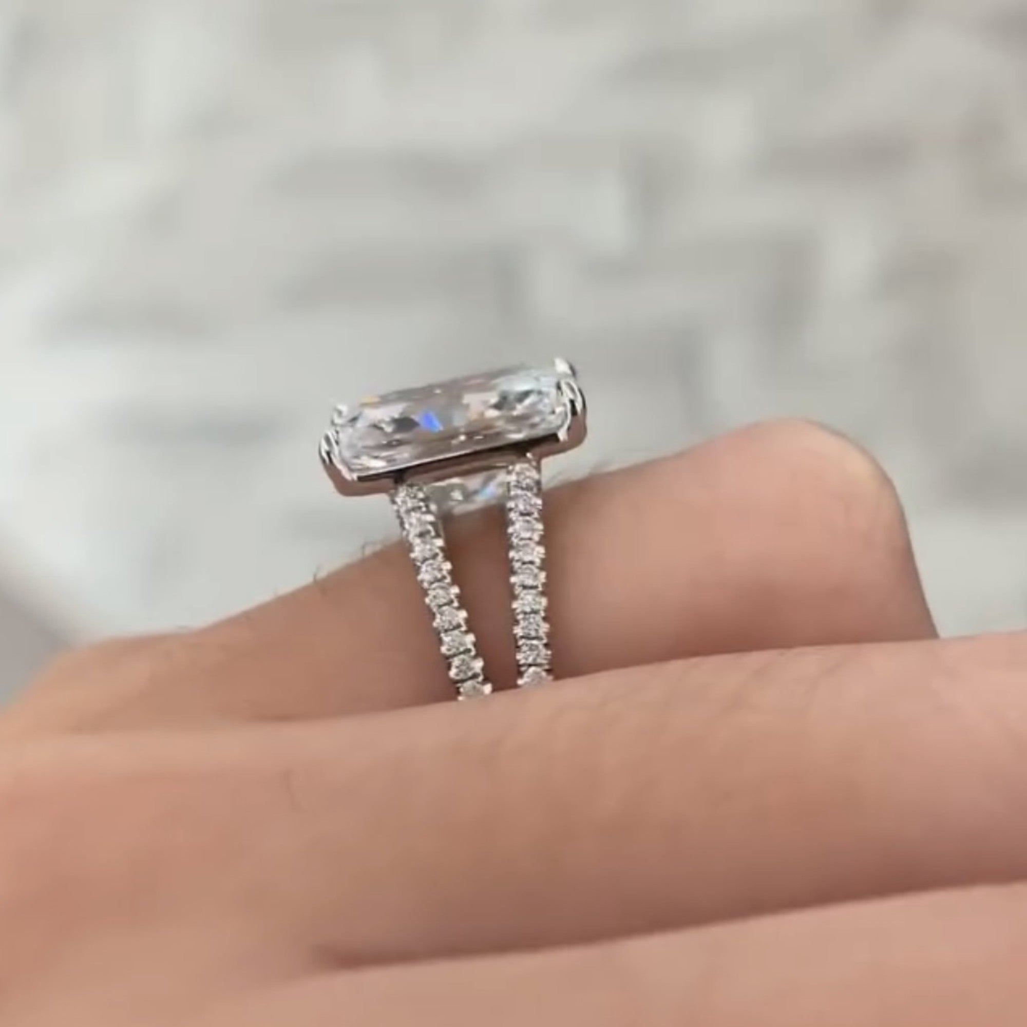 Radiant Moissanite Diamond Engagement Ring Split Shank Double Band White Gold Luxury Ring