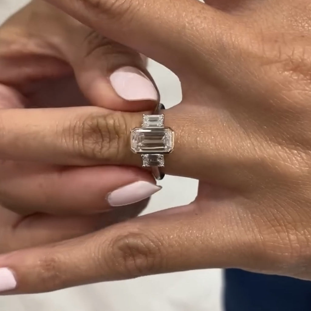 Emerald Cut Lab Grown  Diamond Three Stone Engagement Ring Bezel Setting Handmade Luxury Ring