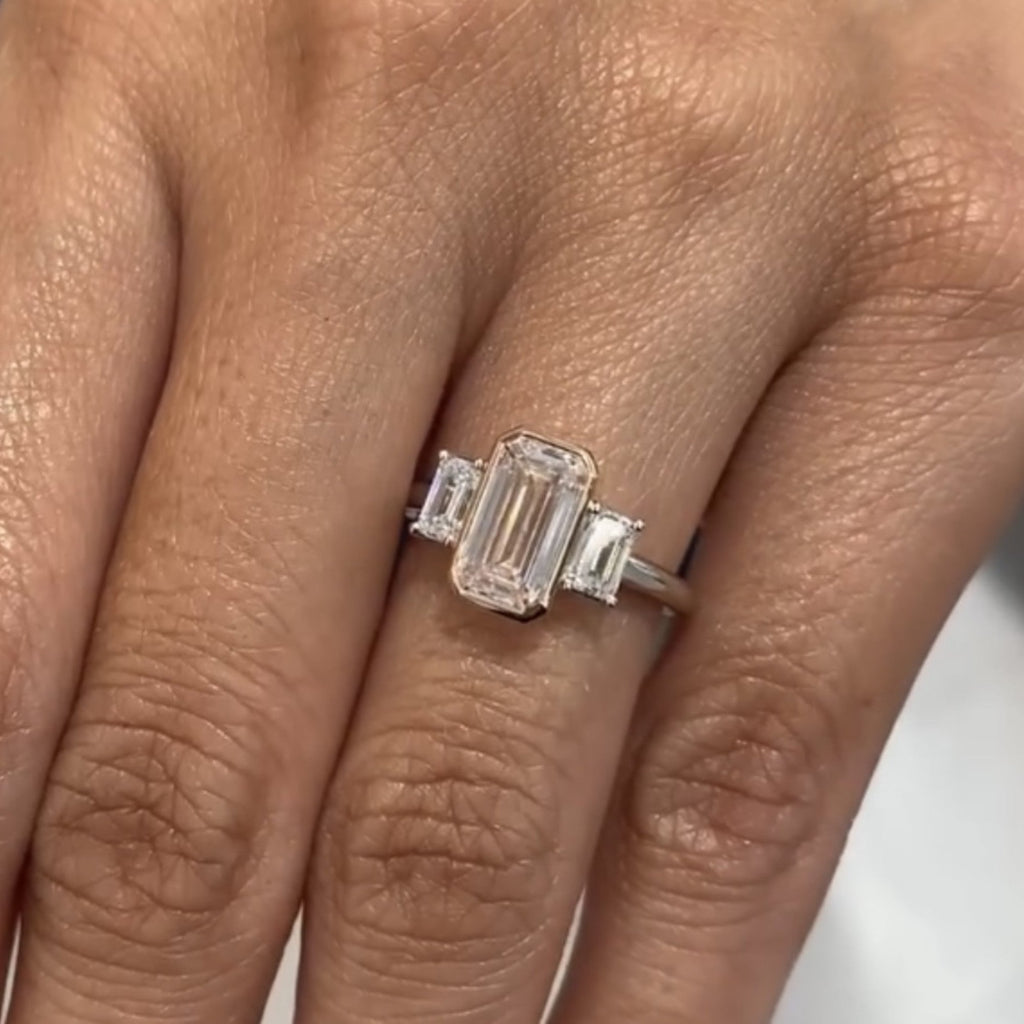 Emerald Cut Moissanite Diamond Three Stone Engagement Ring Bezel Setting Handmade Luxury Ring