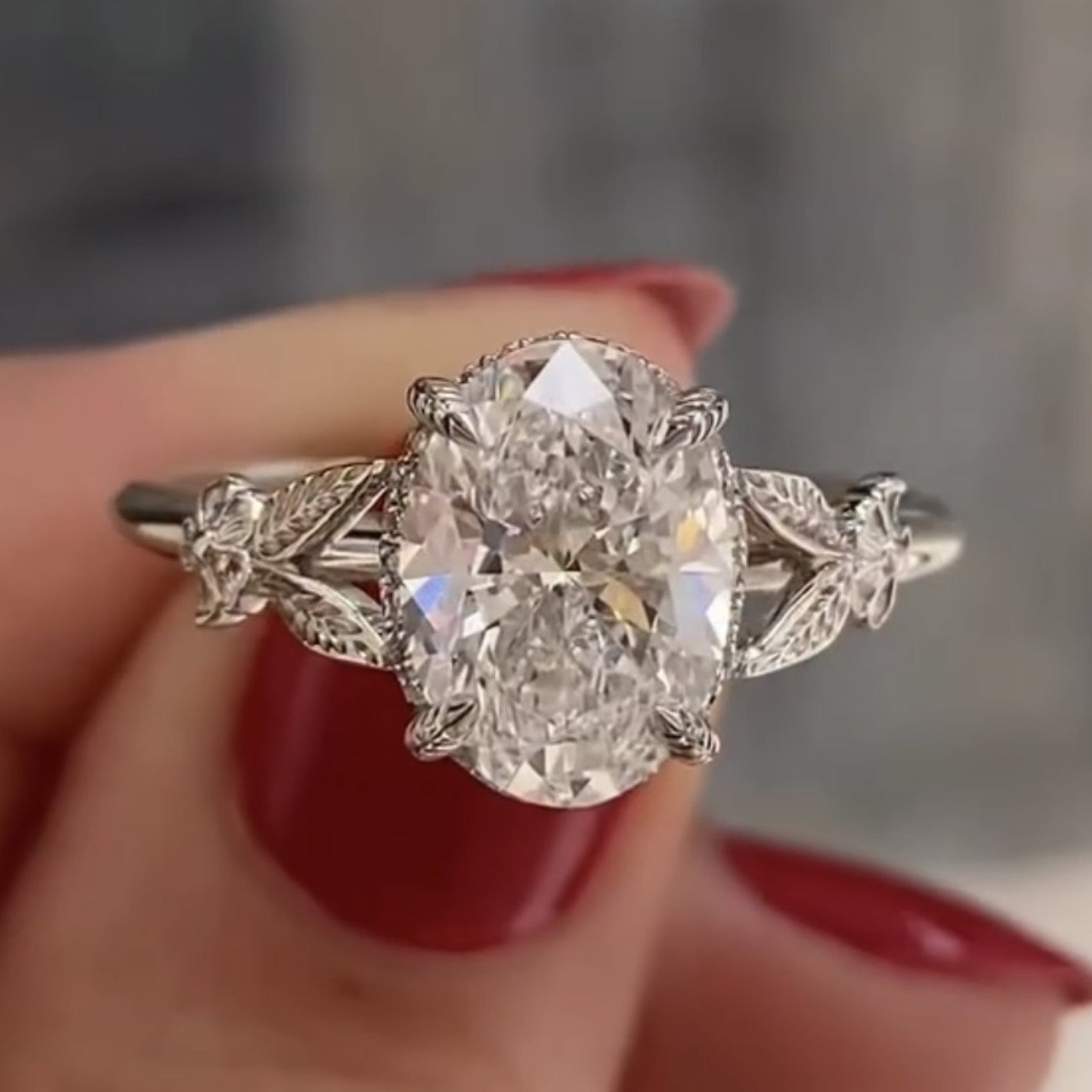 Oval Moissanite Diamond Engagement Ring with Floral Leaf Art Deco Setting in White Gold