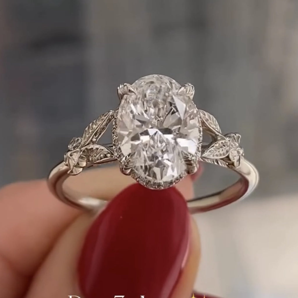 Oval Lab Grown Diamond Engagement Ring with Floral Leaf Art Deco Setting in White Gold