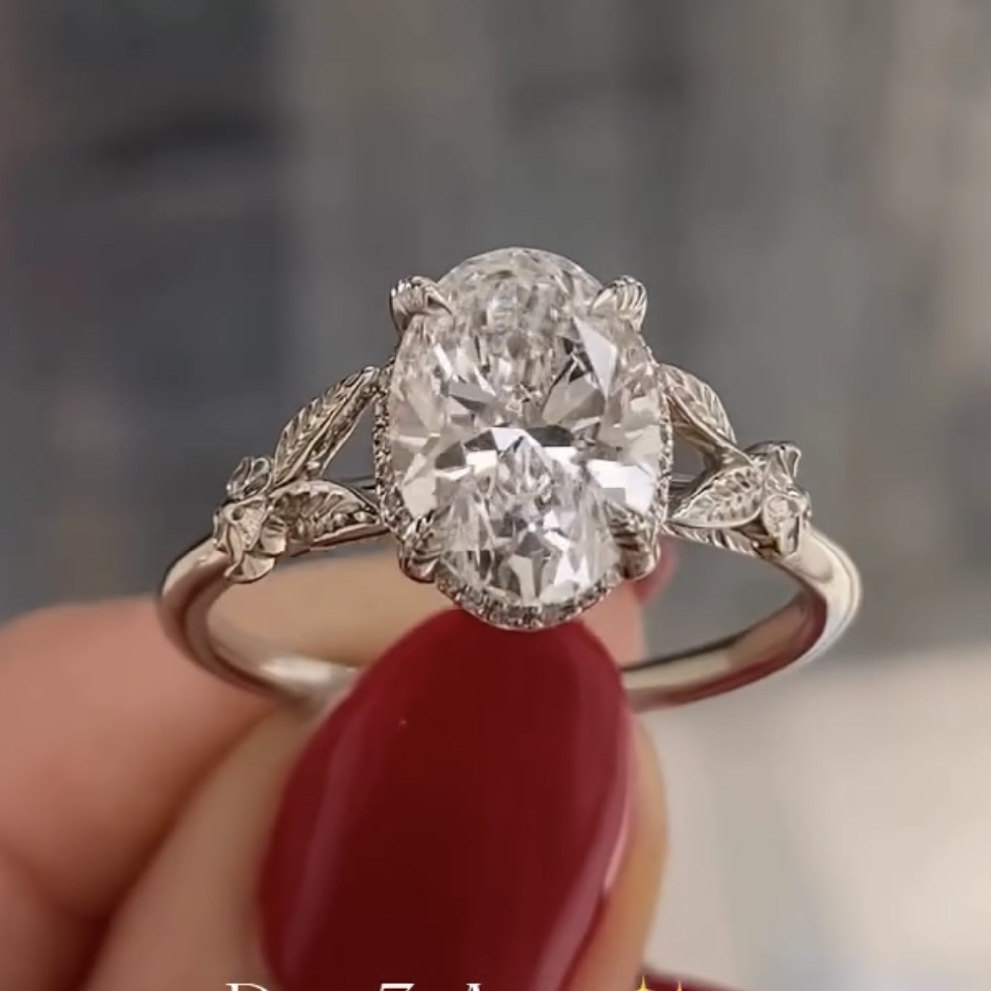 Oval Lab Grown Diamond Engagement Ring with Floral Leaf Art Deco Setting in White Gold