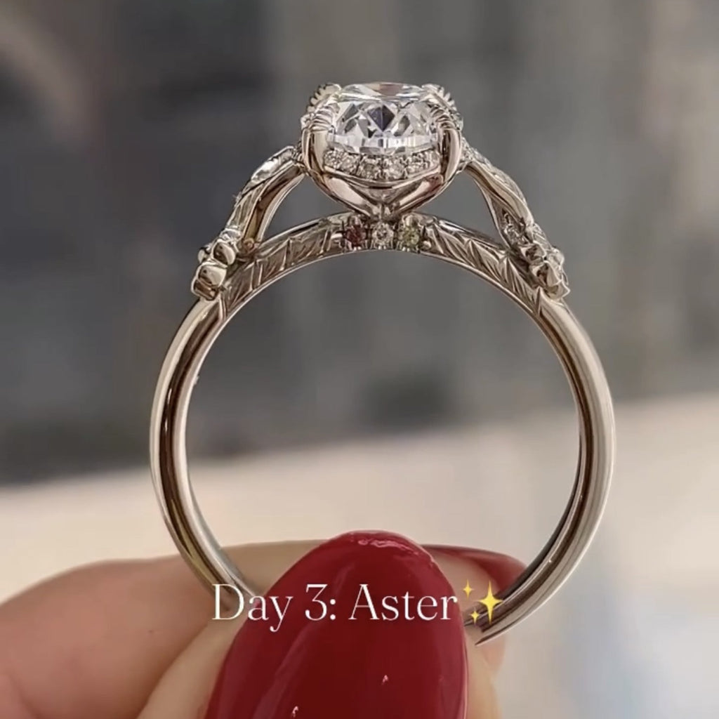 Oval Lab Grown Diamond Engagement Ring with Floral Leaf Art Deco Setting in White Gold