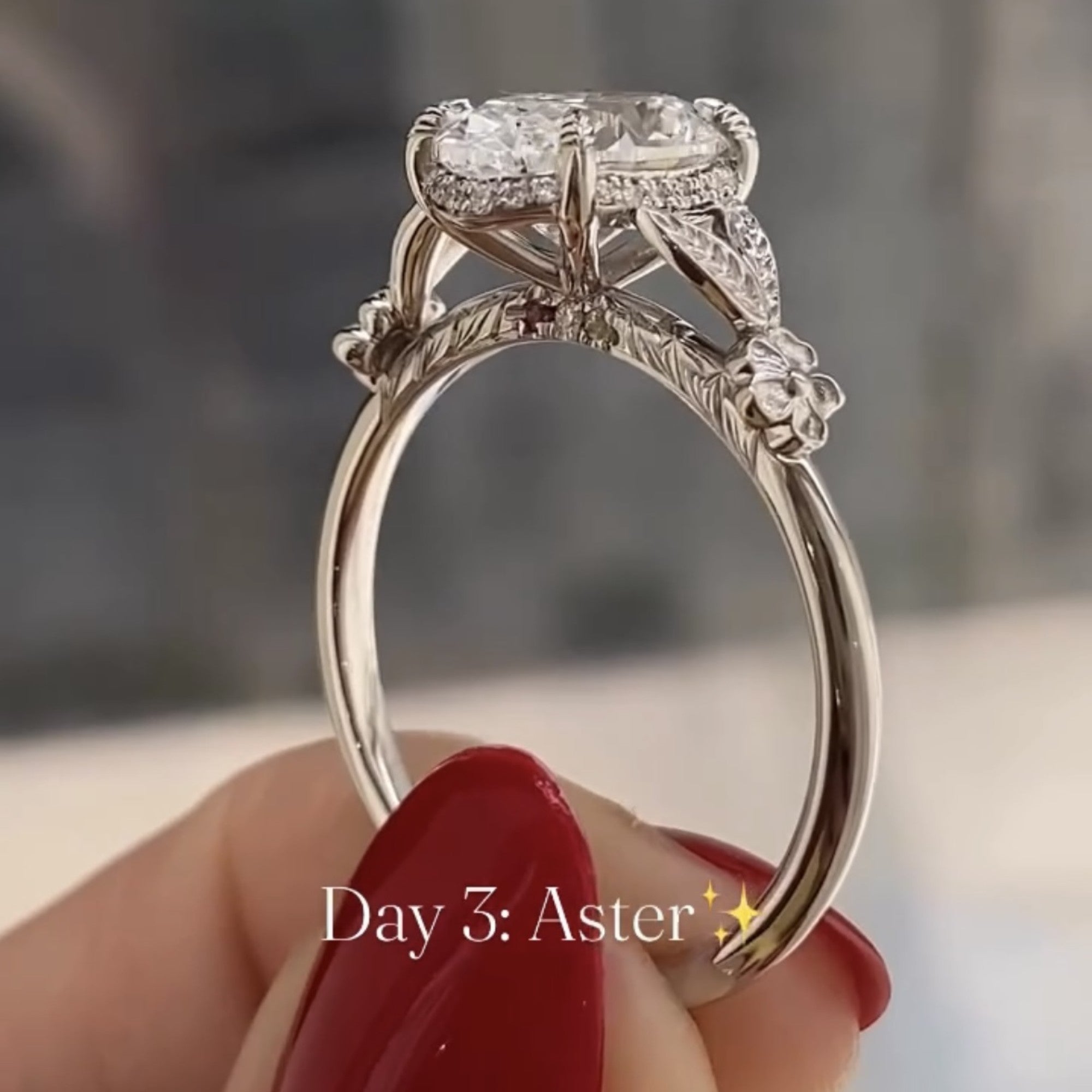Oval Moissanite Diamond Engagement Ring with Floral Leaf Art Deco Setting in White Gold