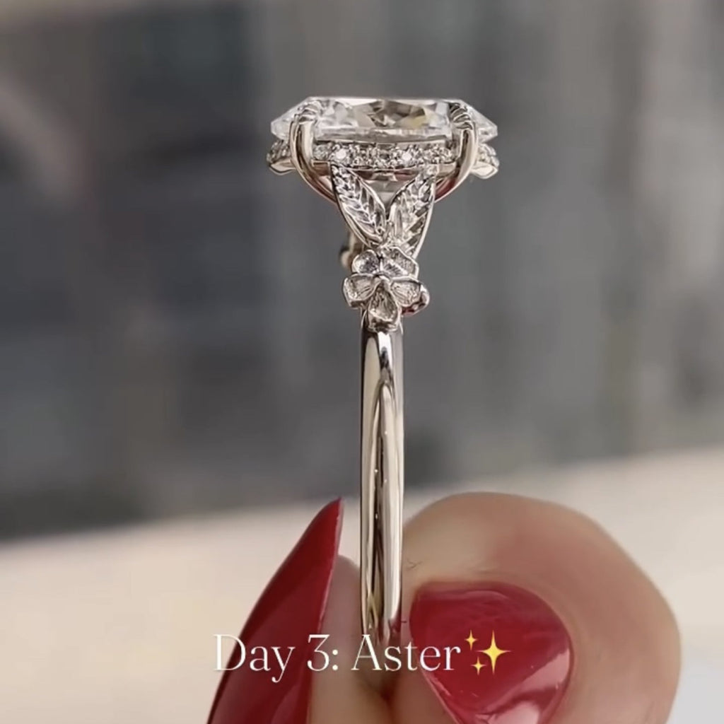 Oval Lab Grown Diamond Engagement Ring with Floral Leaf Art Deco Setting in White Gold