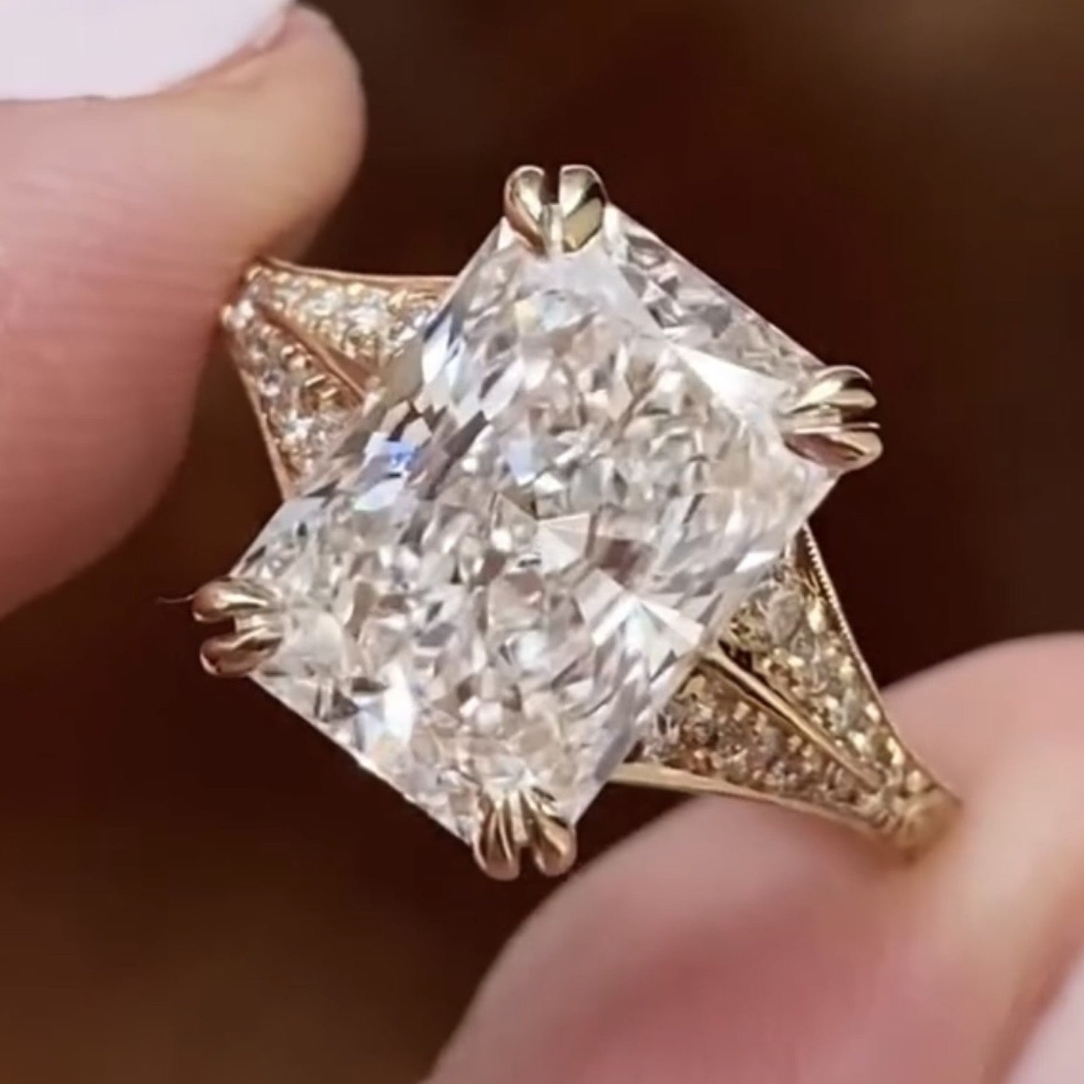 Radiant Cut Moissanite Diamond Engagement Ring with Split Shank Art Deco Setting in Yellow Gold