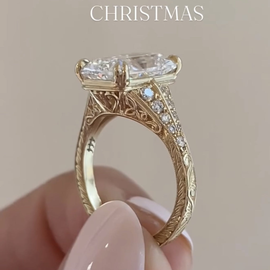 Radiant Cut Moissanite Diamond Engagement Ring with Split Shank Art Deco Setting in Yellow Gold