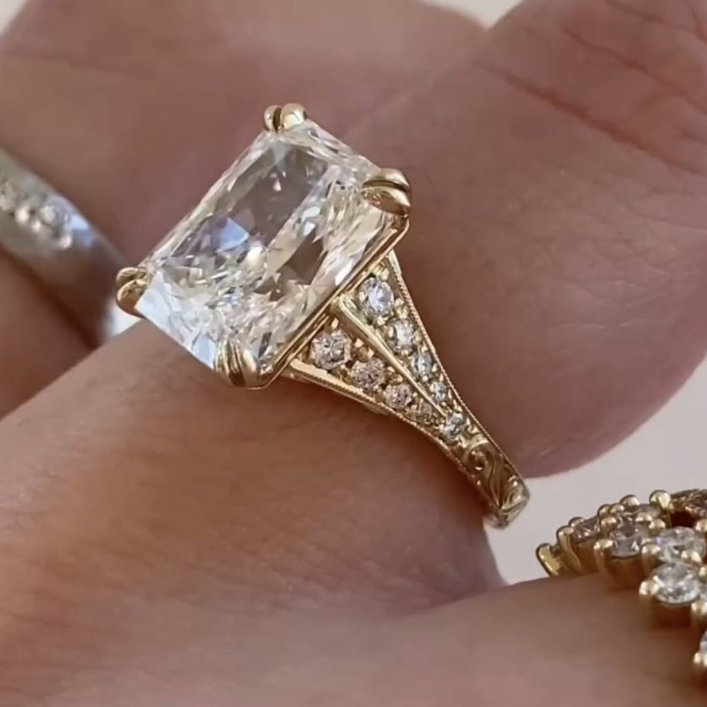 Radiant Cut Lab Grown Diamond Engagement Ring with Split Shank Art Deco Setting in Yellow Gold