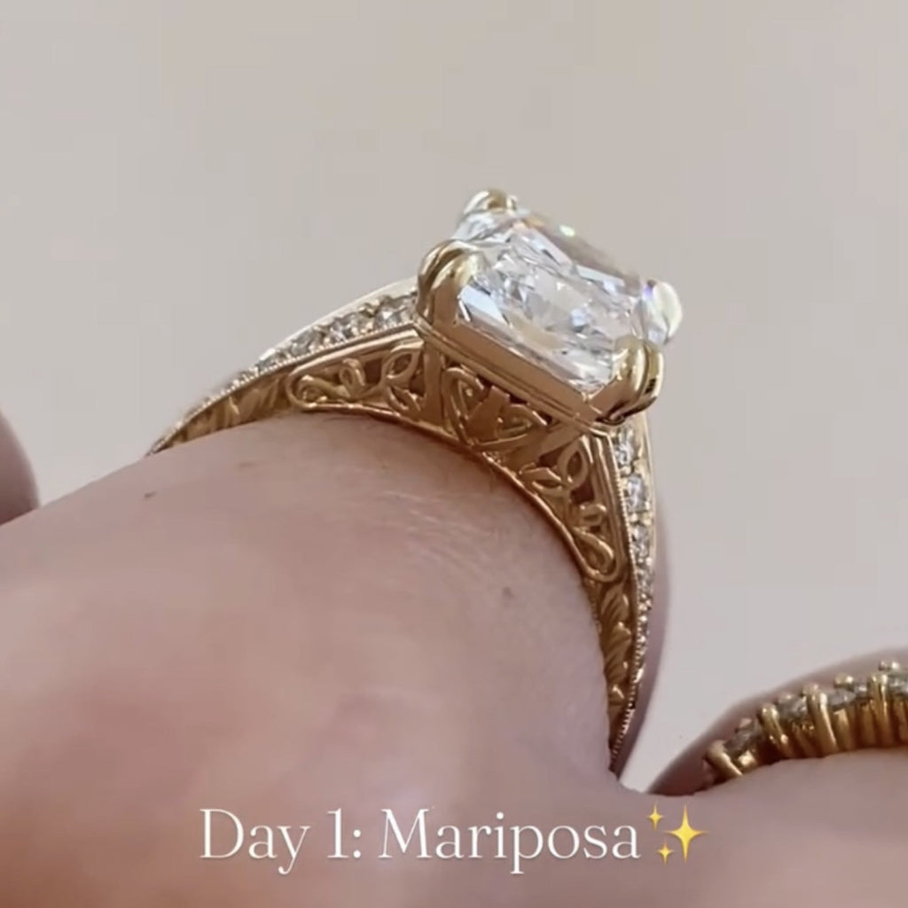Radiant Cut Moissanite Diamond Engagement Ring with Split Shank Art Deco Setting in Yellow Gold