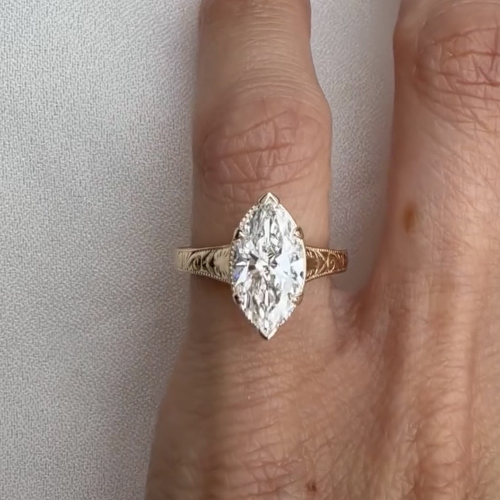 Marquise Moissanite Diamond Engagement Ring Vintage Engraved Yellow Gold