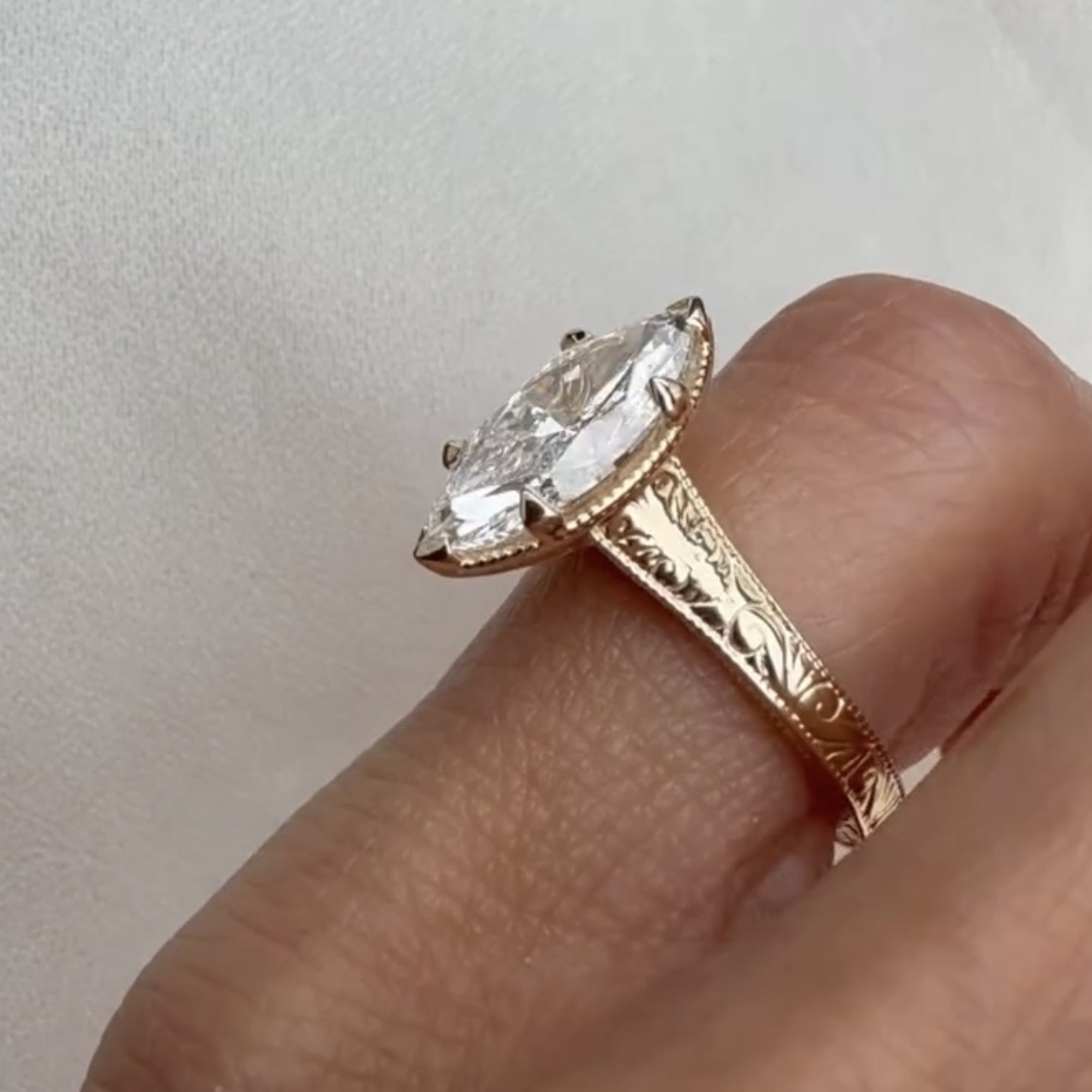 Marquise Lab Grown Diamond Engagement Ring Vintage Engraved Yellow Gold