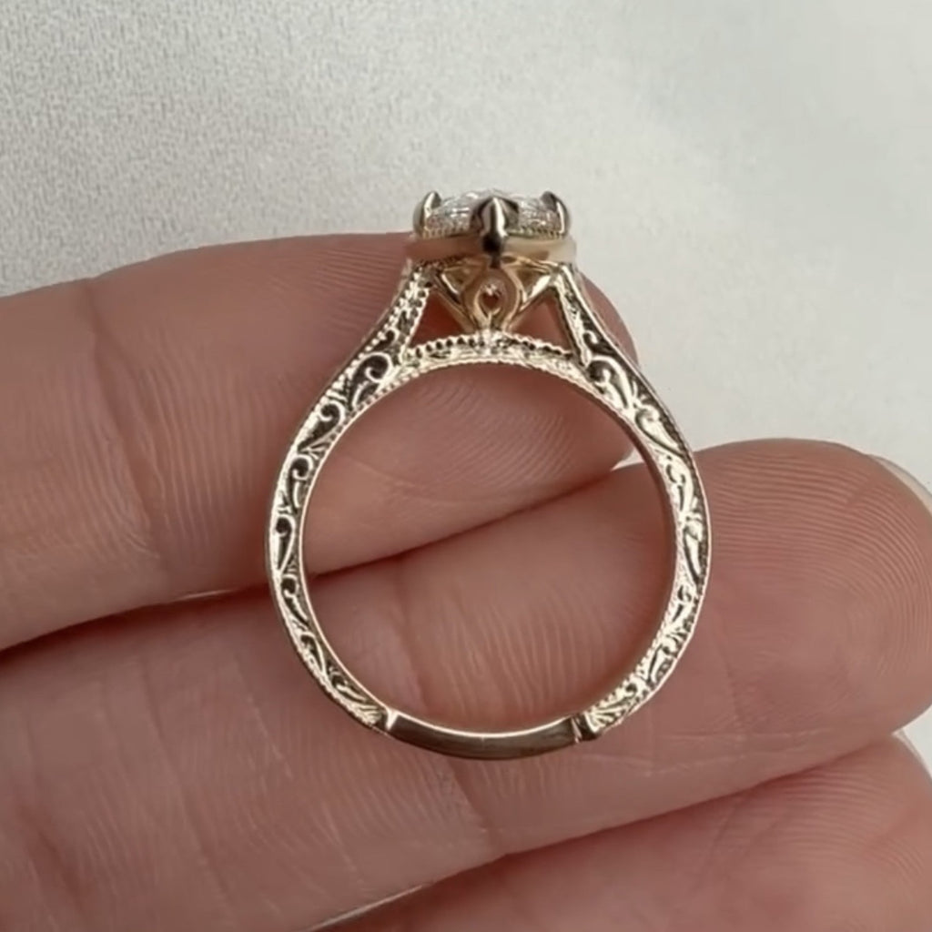 Marquise Lab Grown Diamond Engagement Ring Vintage Engraved Yellow Gold