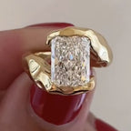 Organic Half bezel Radiant Moissanite Unique Engagement Ring Bypass Solid Gold Wedding Ring