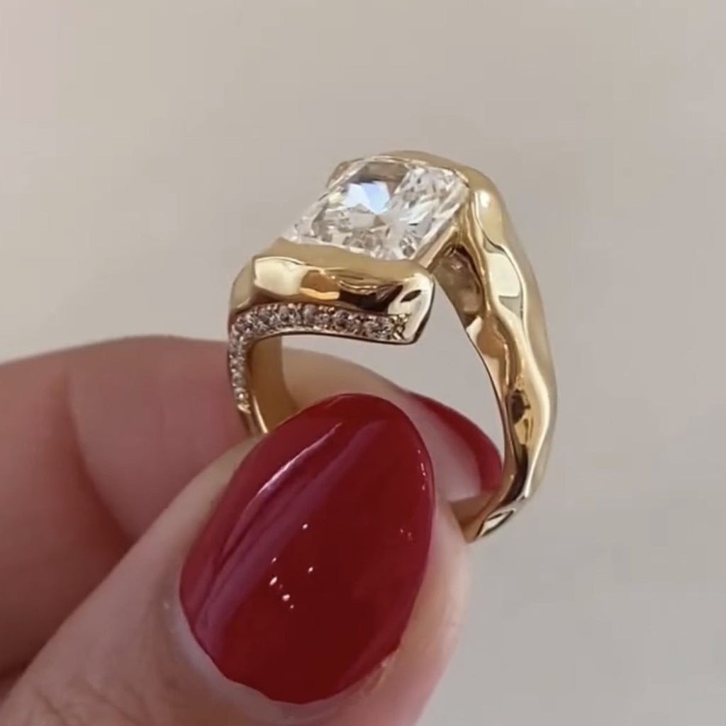 Organic Half bezel Radiant Moissanite Unique Engagement Ring Bypass Solid Gold Wedding Ring