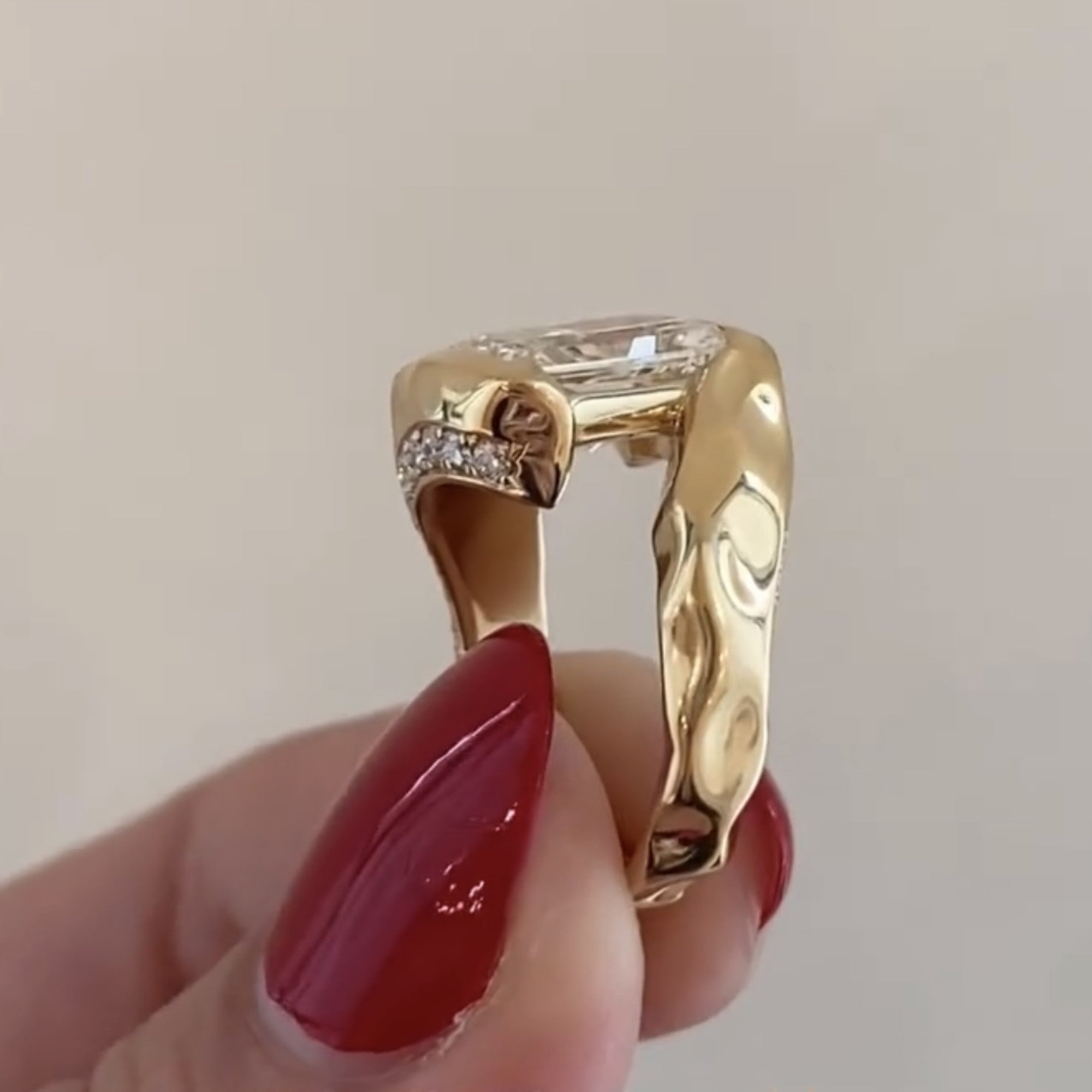 Organic Half bezel Radiant Moissanite Unique Engagement Ring Bypass Solid Gold Wedding Ring