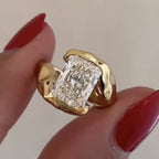 Organic Half bezel Radiant Moissanite Unique Engagement Ring Bypass Solid Gold Wedding Ring