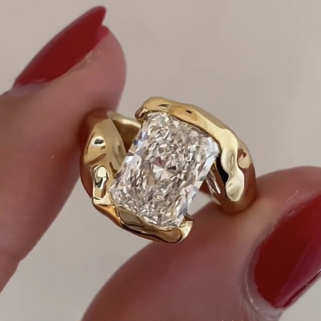 Organic Half bezel Radiant Moissanite Unique Engagement Ring Bypass Solid Gold Wedding Ring