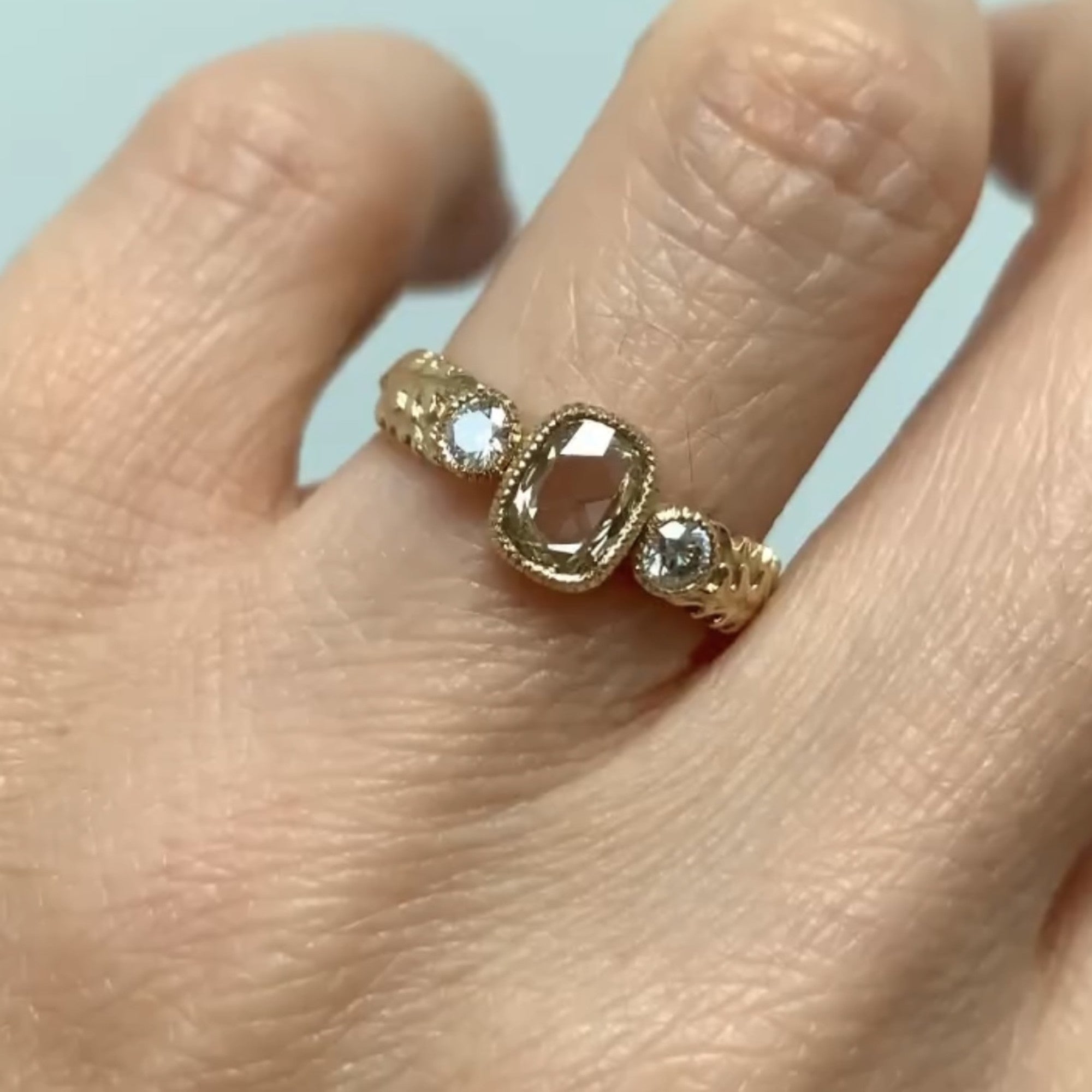 Vintage Milgrain Bezel Light Brown Cushion Rose Cut Moissanite Engagement Ring Three Stone Art Deco Gold Nature Inspired Ring