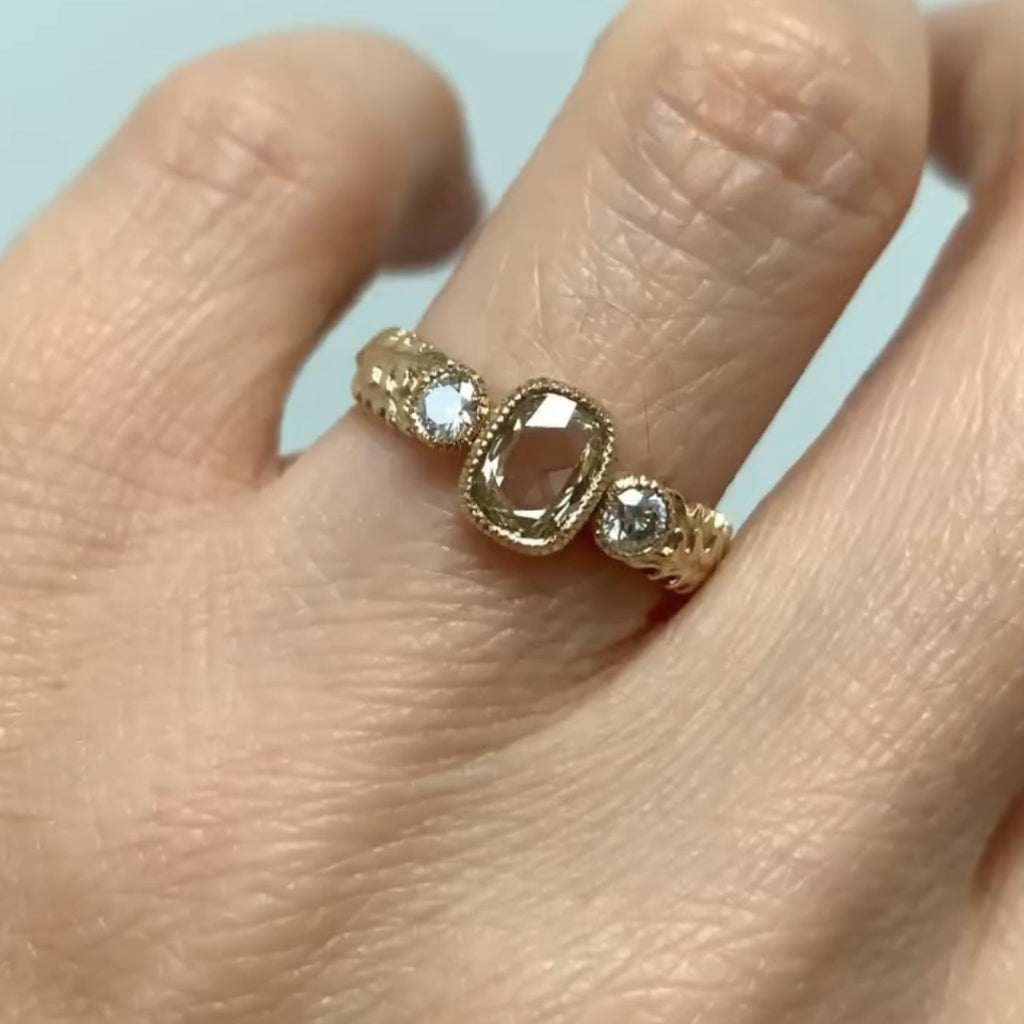 Vintage Milgrain Bezel Light Brown Cushion Rose Cut Lab Grown Engagement Ring Three Stone Art Deco Gold Nature Inspired Ring