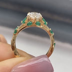 Marquise Cut Moissanite Diamond Floral Engagement Ring with Emerald Accents in Solid Gold Nature Inspired Vintage Design