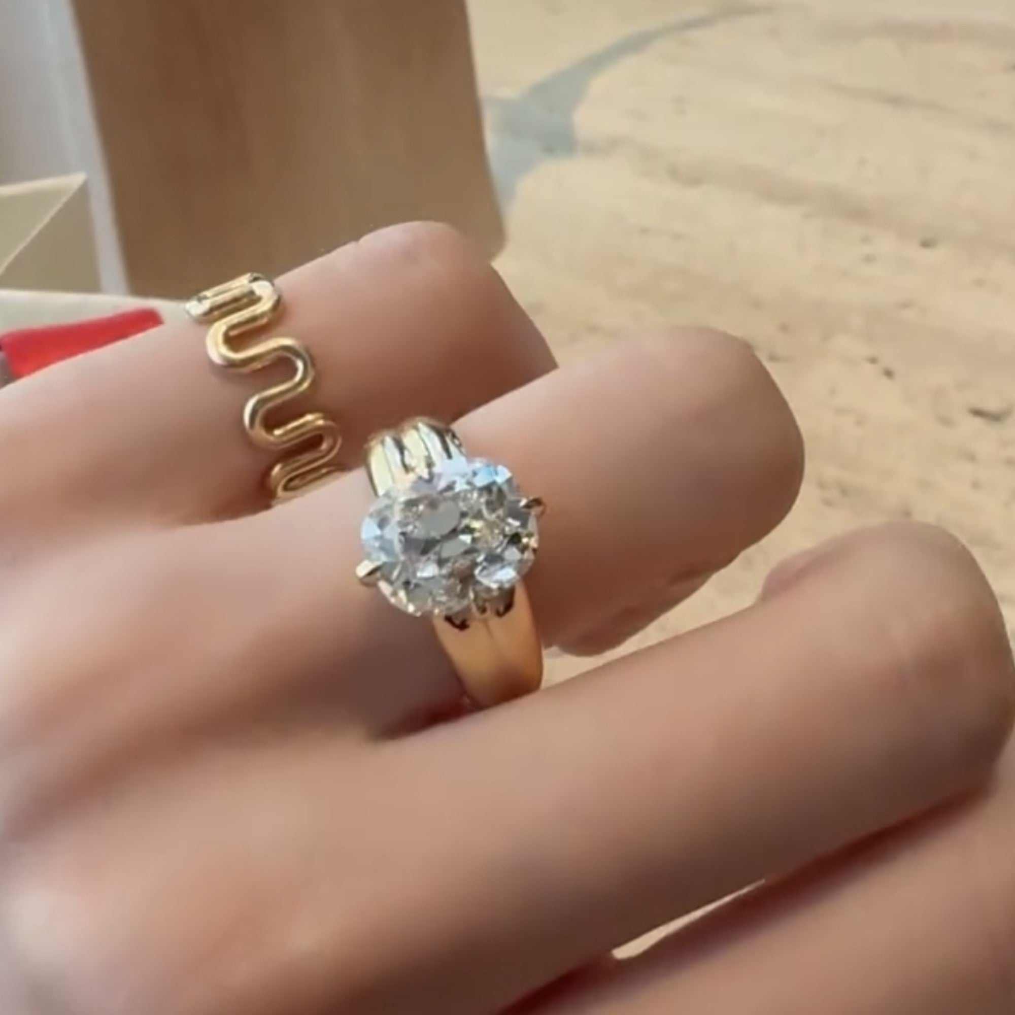 Old Mine Moissanite Elongated Cushion Cut Engagement Ring in Yellow Gold, Vintage-Inspired Solitaire Diamond Ring