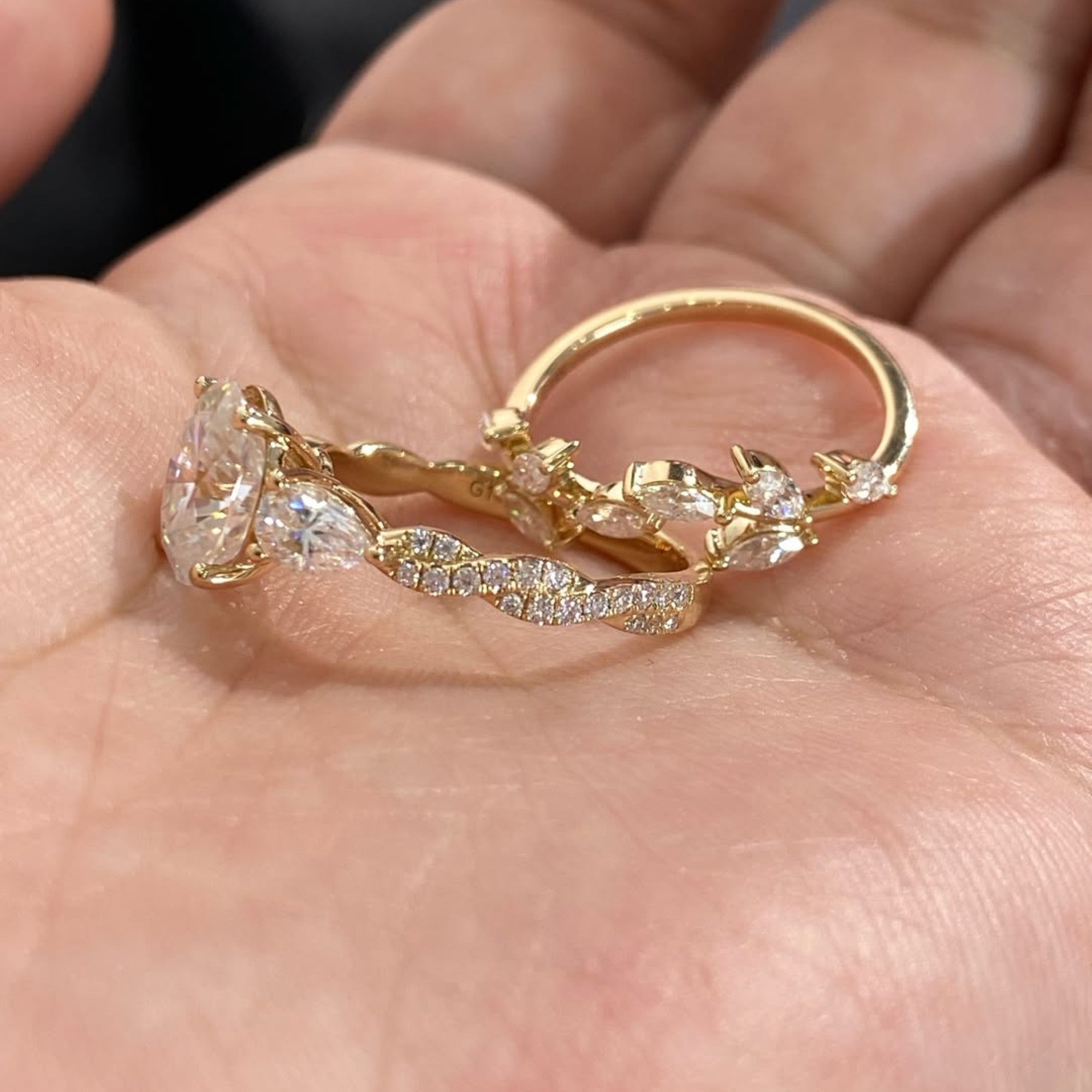 Oval Cut Floral Lab Grown Engagement Ring Set Twisted Band Gold Wedding Bridal Set