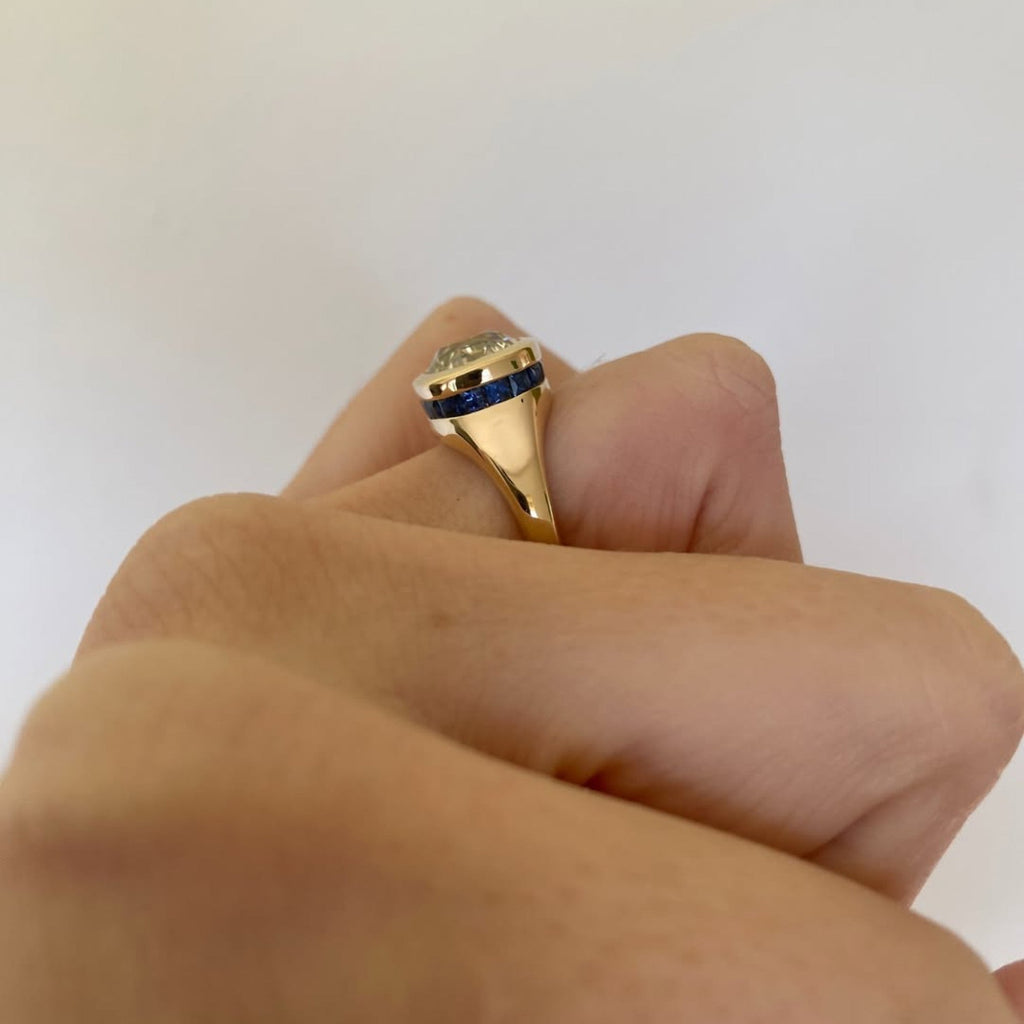 Bezel Set Old Mine Elongated Cushion Moissanite Engagement Ring East West Wedding Gold Ring