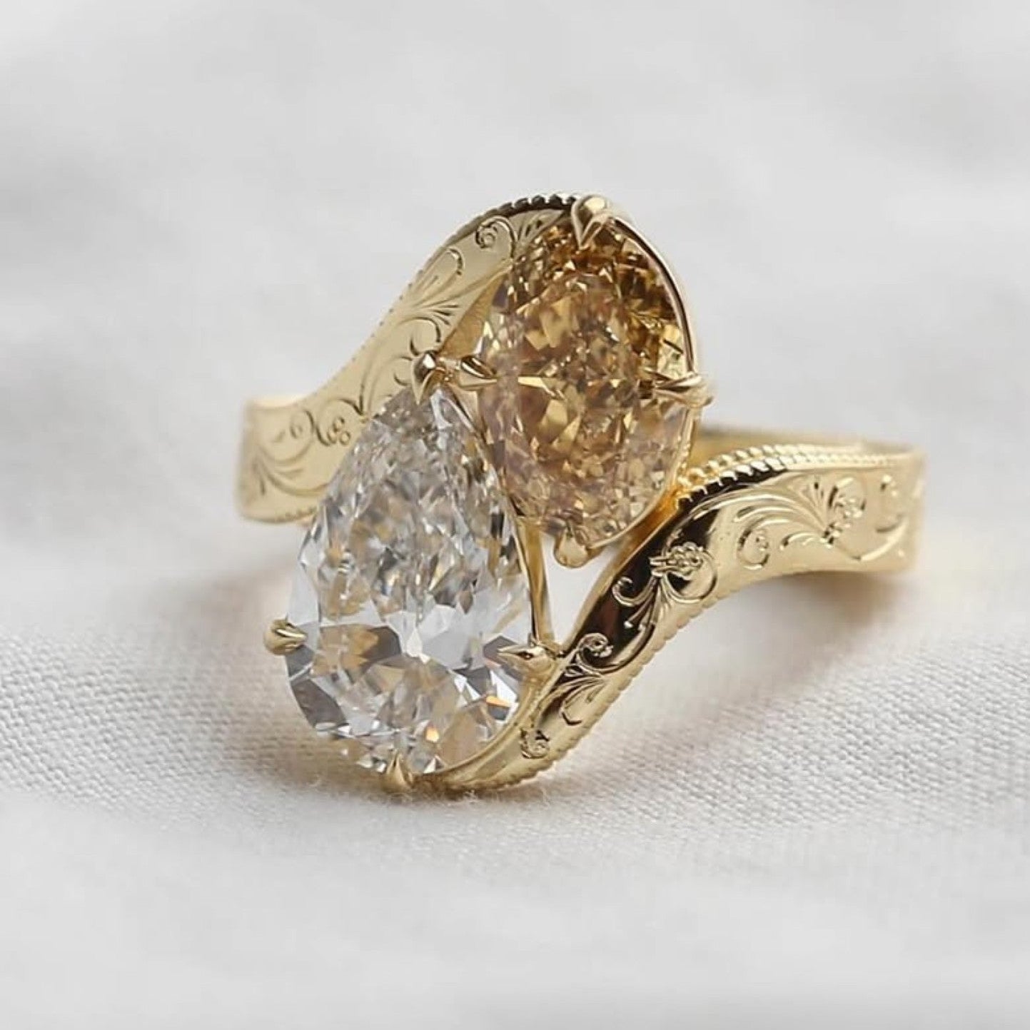 3.50 TCW Pear And Brown Oval Toi Et Moi Lab Grown Engagement Ring Engraved Band Gold Ring