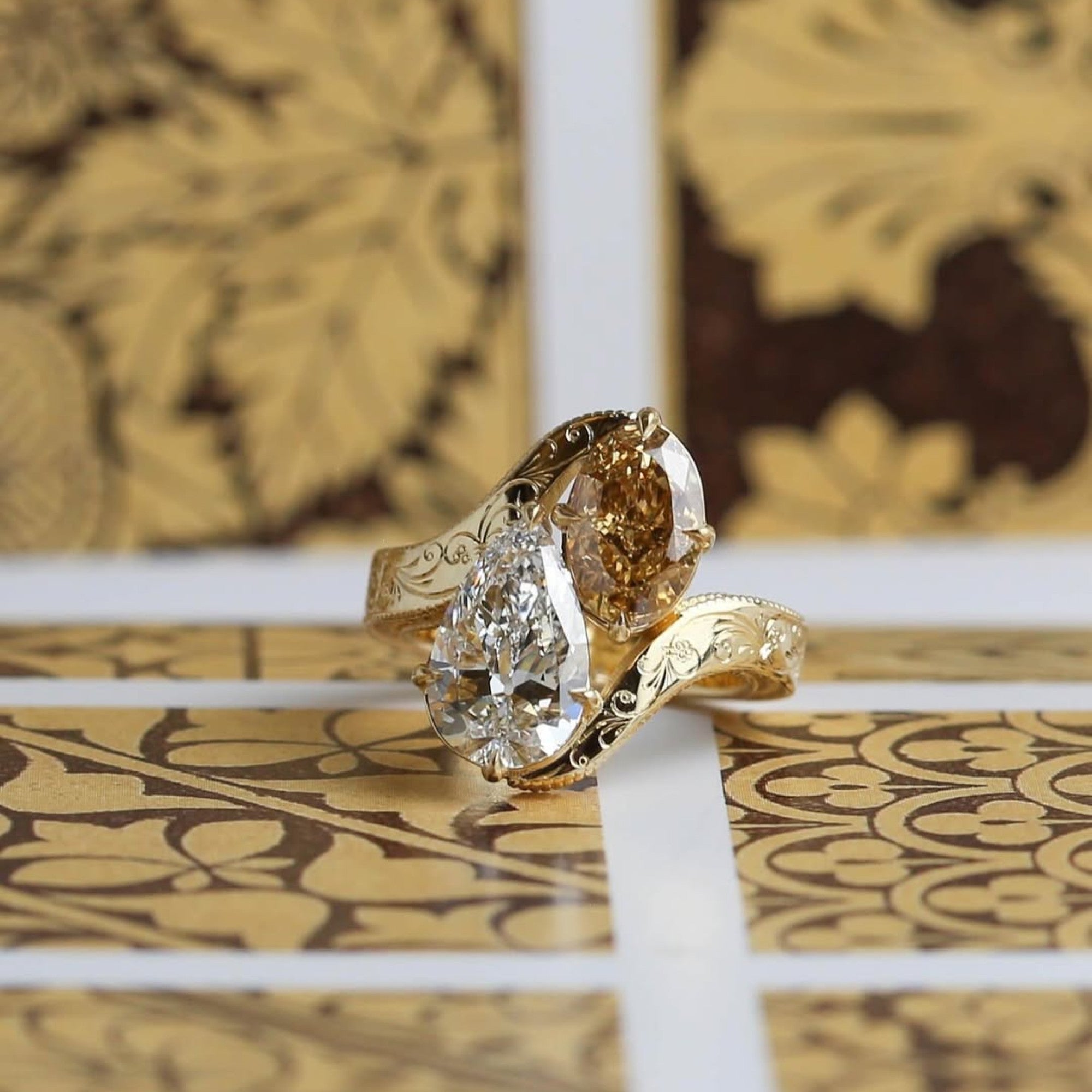 3.50 TCW Pear And Brown Oval Toi Et Moi Lab Grown Engagement Ring Engraved Band Gold Ring