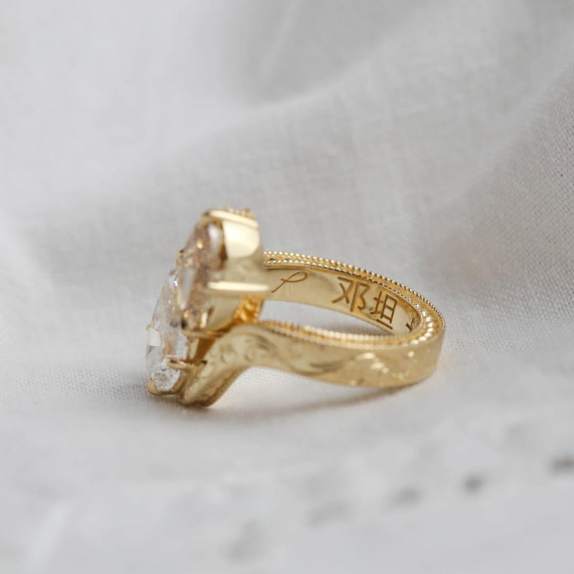 3.50 TCW Pear And Brown Oval Toi Et Moi Lab Grown Engagement Ring Engraved Band Gold Ring