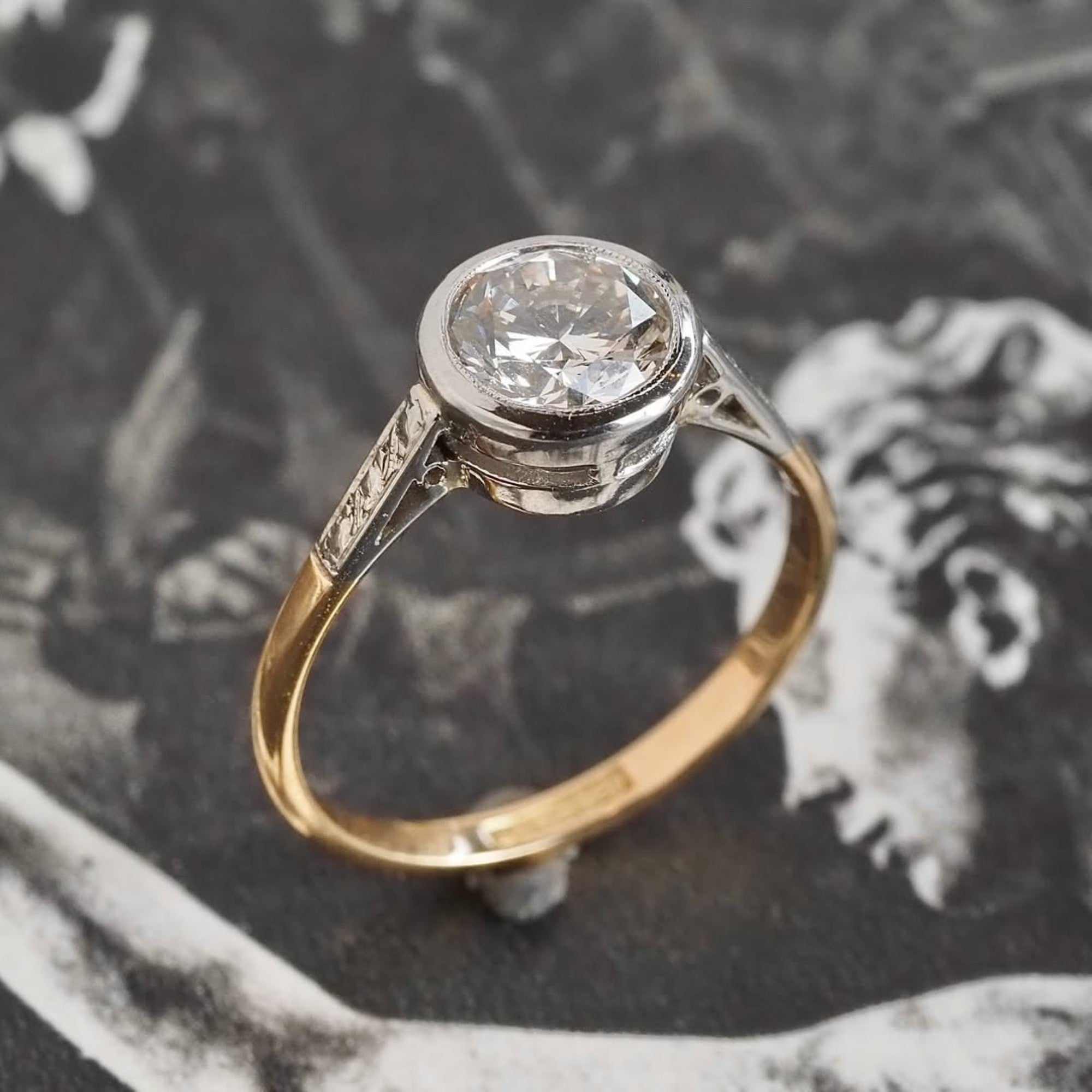 Round Cut Bezel Set Moissanite Engagement Ring Gold Two Tone Wedding Ring