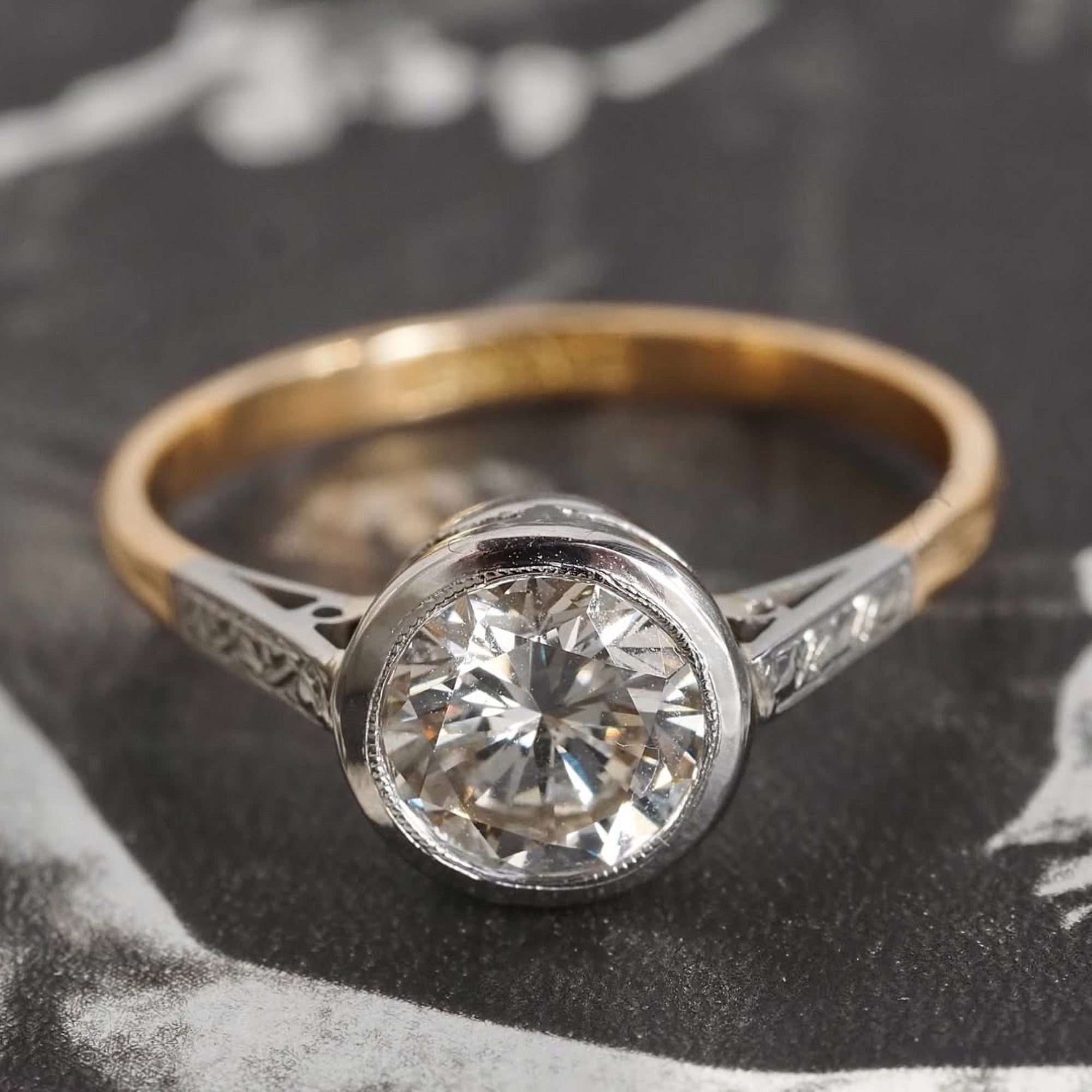 Round Cut Bezel Set Lab Grown Engagement Ring Gold Two Tone Wedding Ring