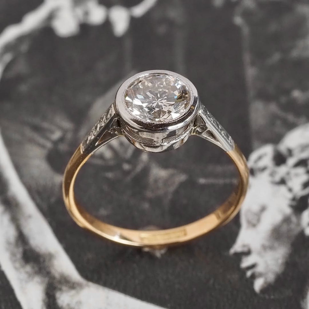 Round Cut Bezel Set Moissanite Engagement Ring Gold Two Tone Wedding Ring