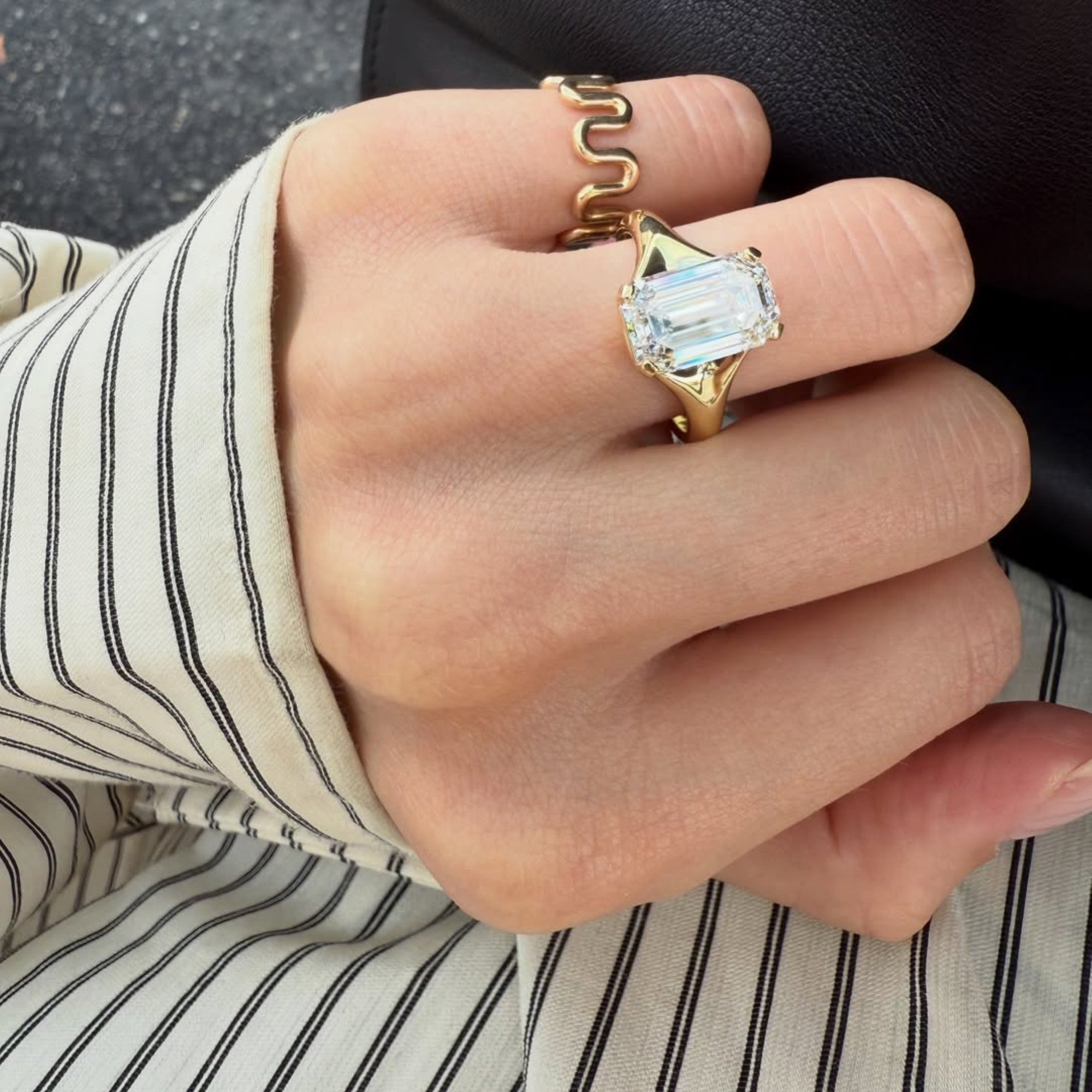 Emerald Cut Moissanite Engagement Ring Unique Solitaire Gold Wedding Ring