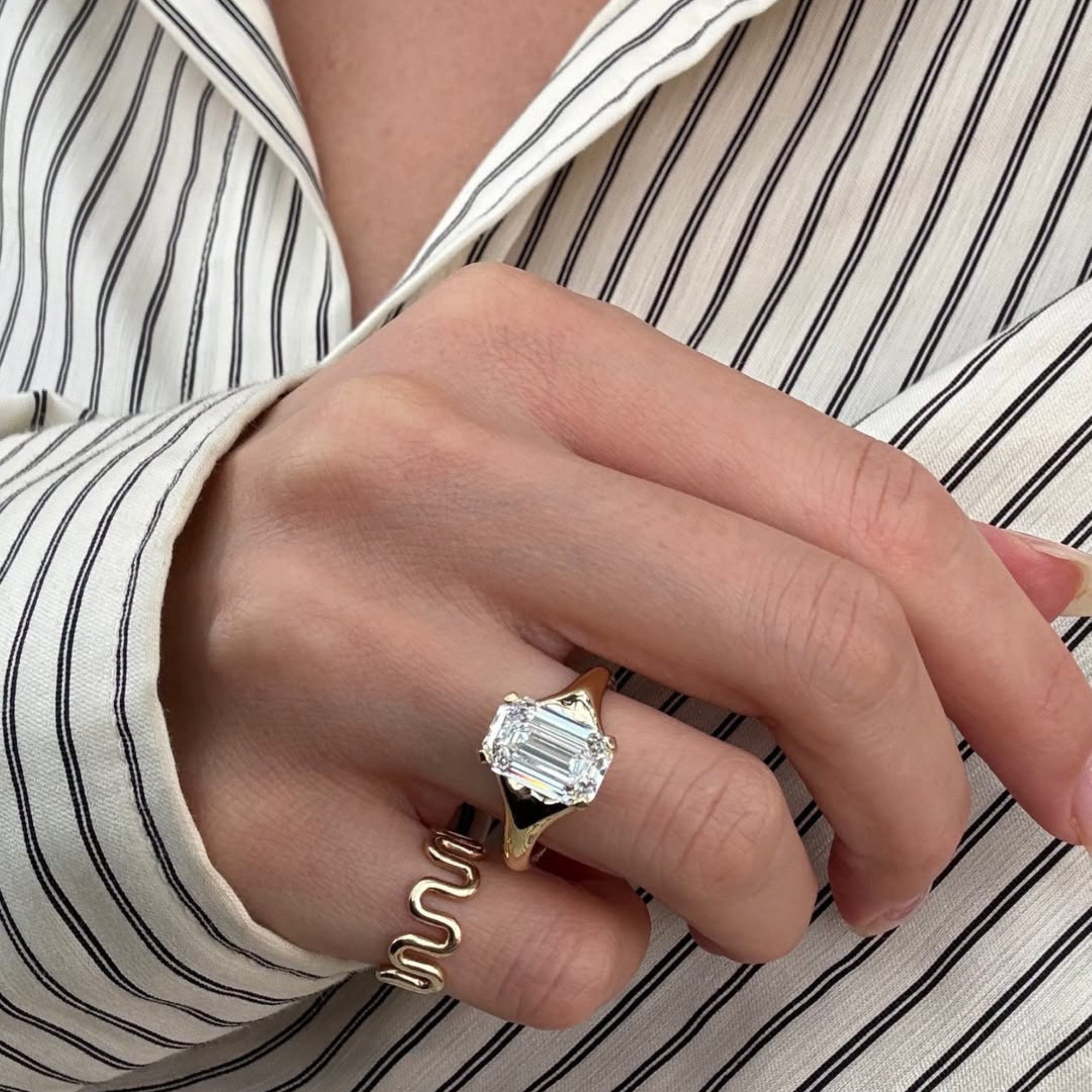 Emerald Cut Lab Grown Engagement Ring Unique Solitaire Gold Wedding Ring