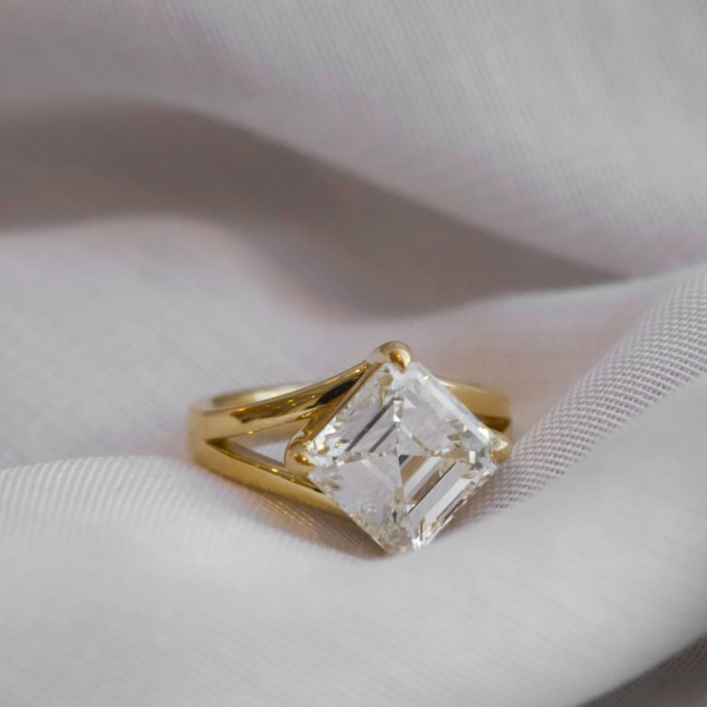 Asscher Cut Lab Grown Engagement Ring Split Shank Gold Unique Ring