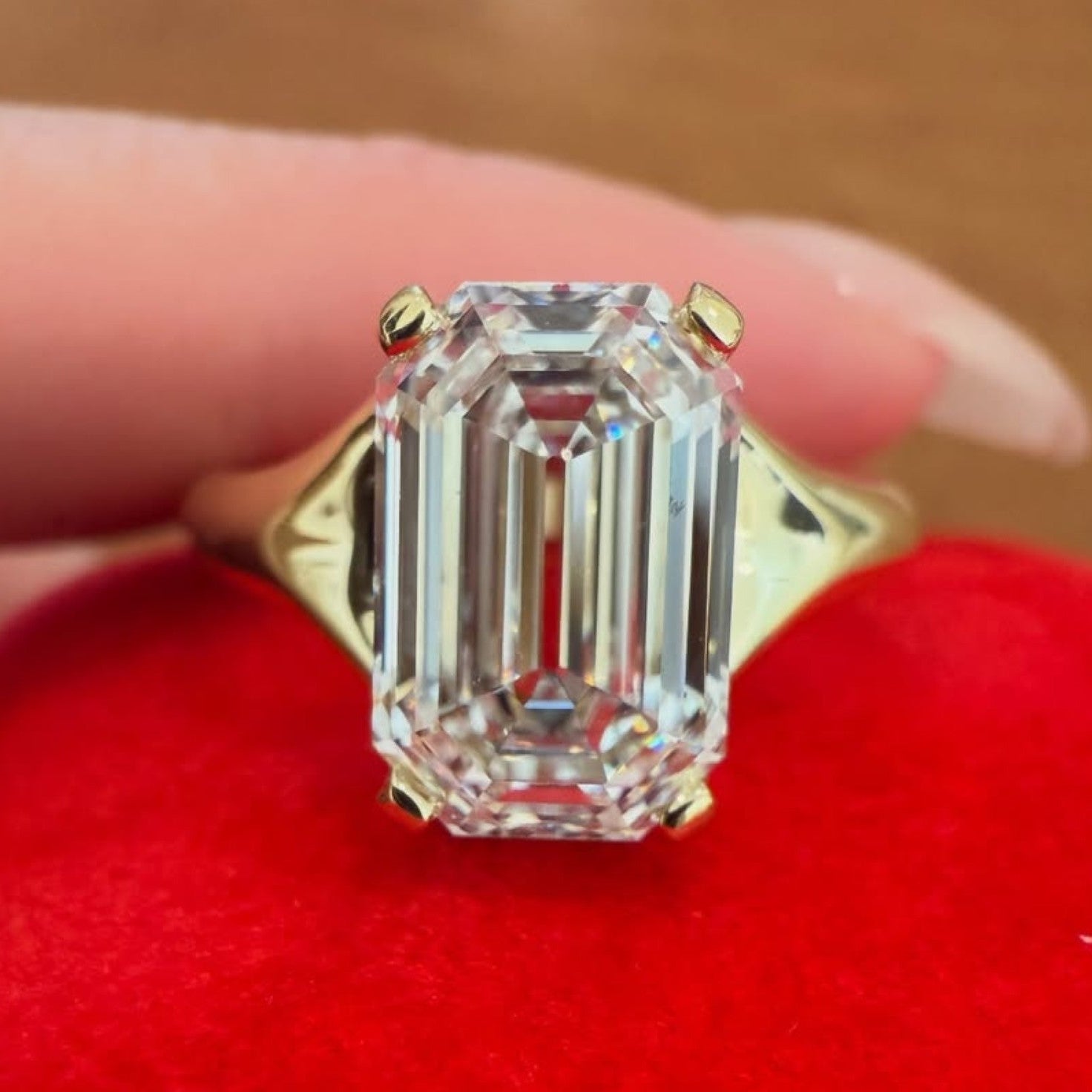 Emerald Cut Lab Grown Engagement Ring Unique Solitaire Gold Wedding Ring