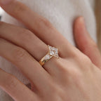 Lozenge Cut Moissanite Engagement Three Stone Ring Tulip Set Gold Wedding Ring