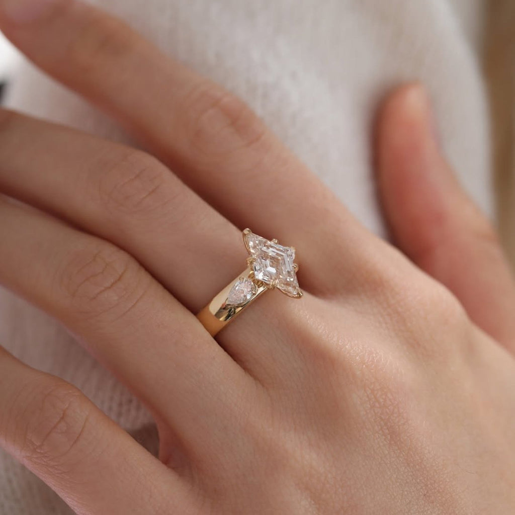 Lozenge Cut Lab Grown Engagement Three Stone Ring Tulip Set Gold Wedding Ring