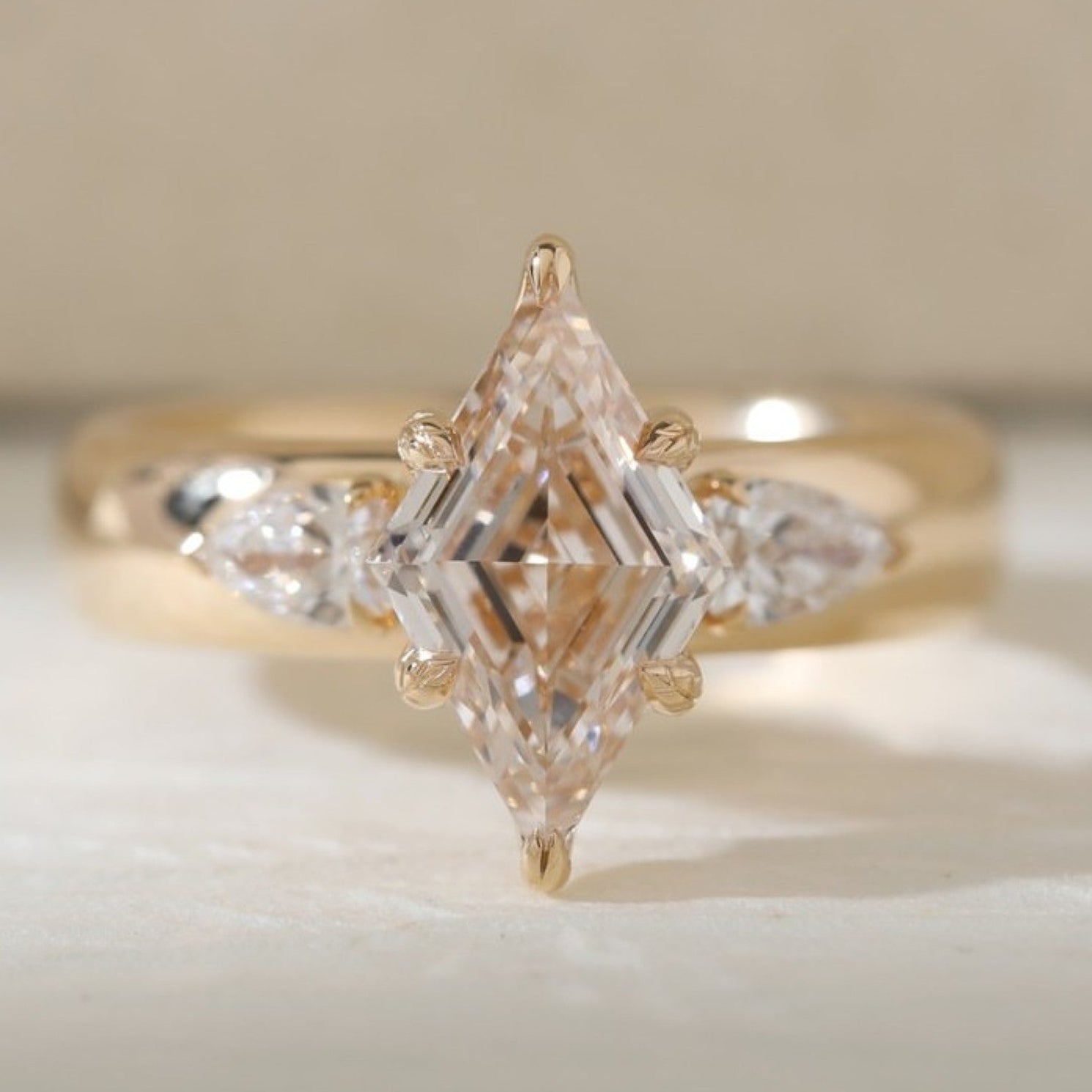 Lozenge Cut Moissanite Engagement Three Stone Ring Tulip Set Gold Wedding Ring