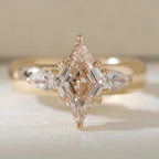 Lozenge Cut Lab Grown Engagement Three Stone Ring Tulip Set Gold Wedding Ring