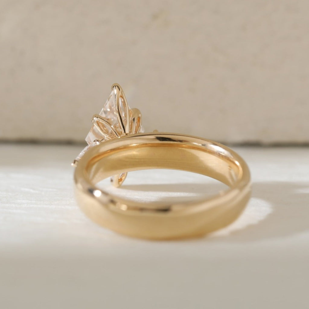 Lozenge Cut Lab Grown Engagement Three Stone Ring Tulip Set Gold Wedding Ring