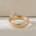 Lozenge Cut Lab Grown Engagement Three Stone Ring Tulip Set Gold Wedding Ring