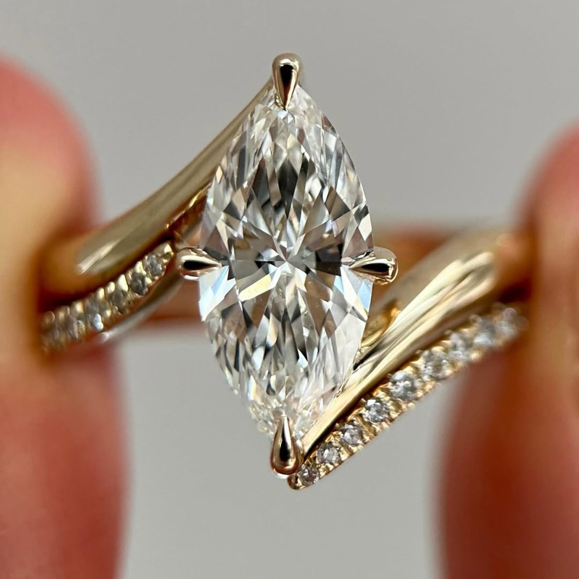 Marquise Lab Grown Engagement Ring Set Solid Gold Wedding Bridal Set