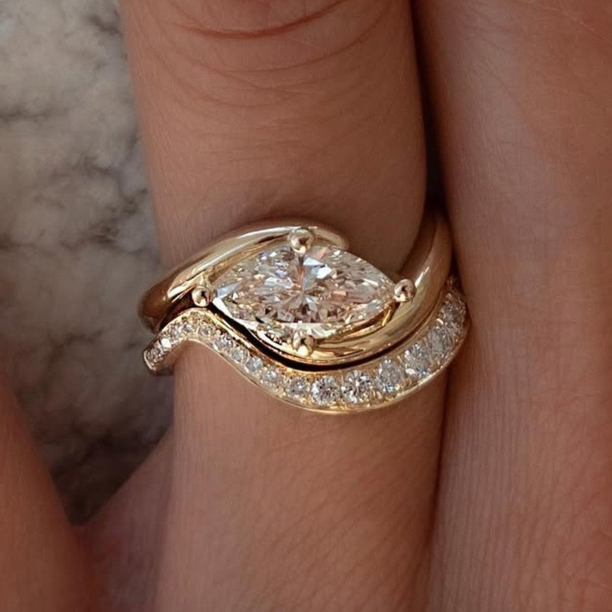 Marquise East West Moissanite Engagement Ring Set Gold Wedding Bridal Set