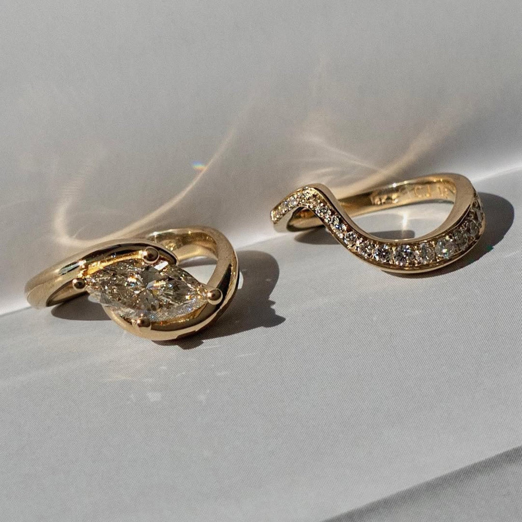 Marquise East West Lab Grown Engagement Ring Set Gold Wedding Bridal Set